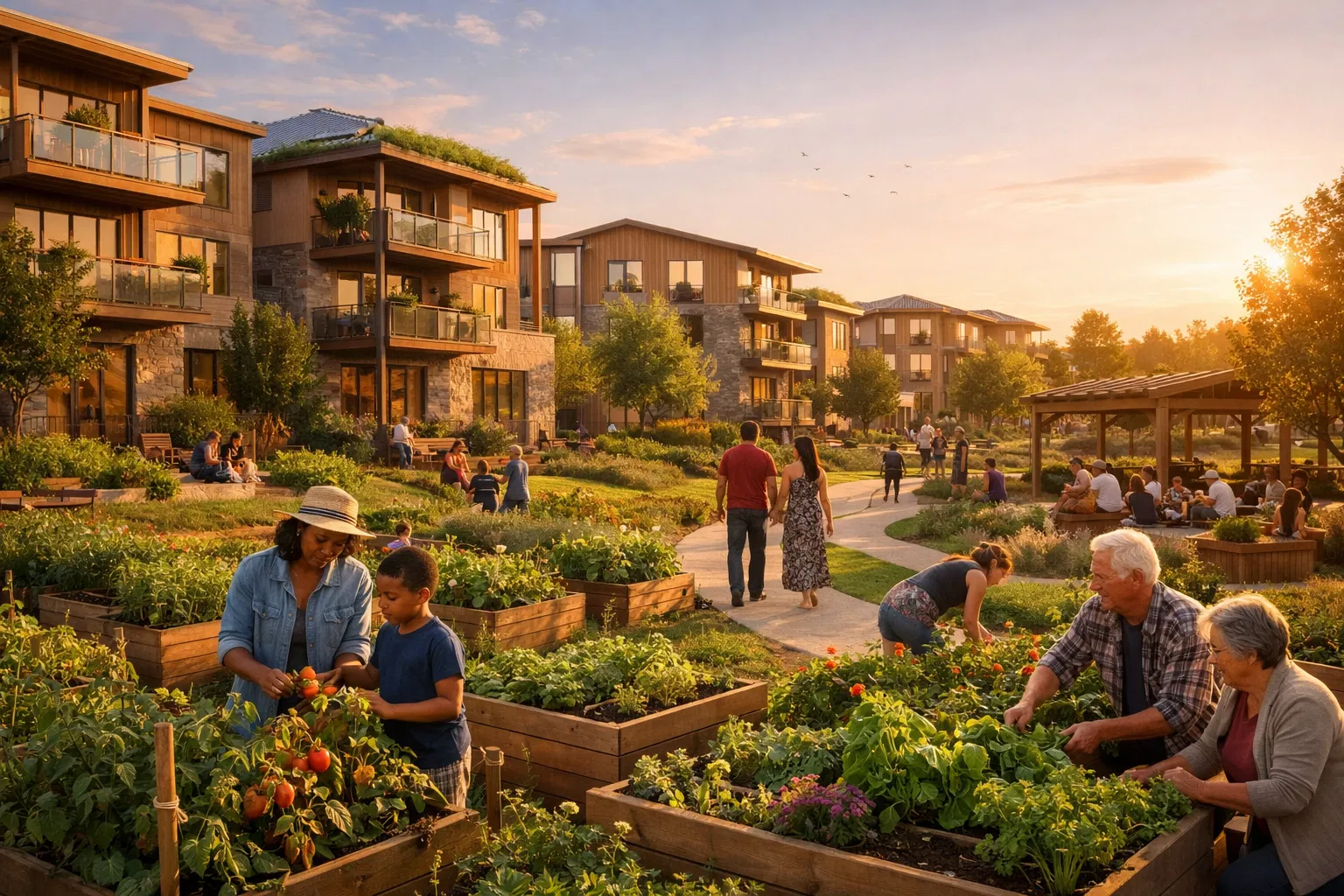 Sustainable housing development with community gardens